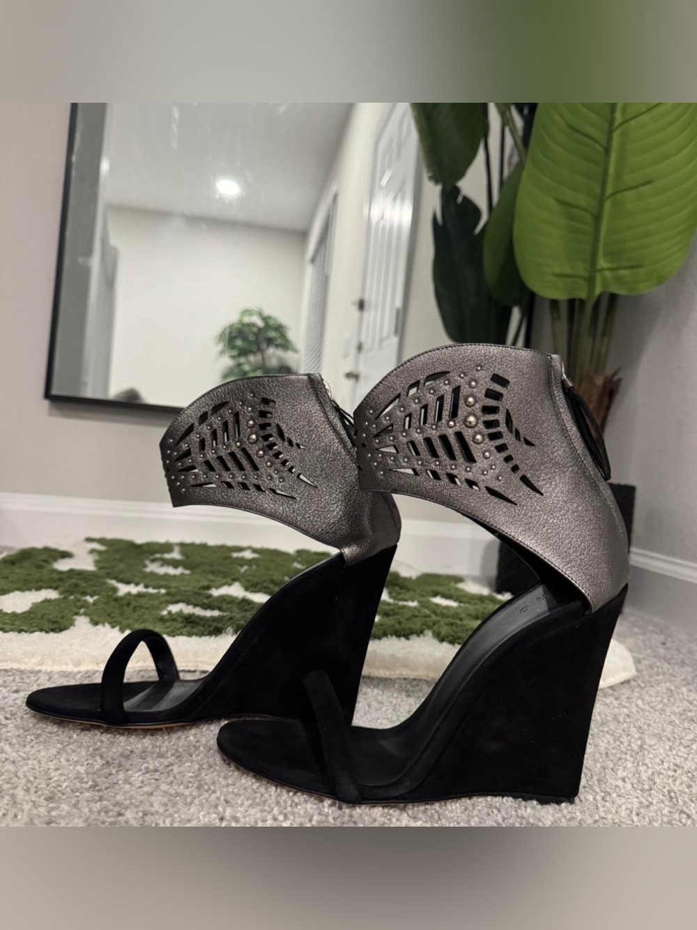 IRO Paris 
Metallic Silver and Black Wedge Sandals - Women